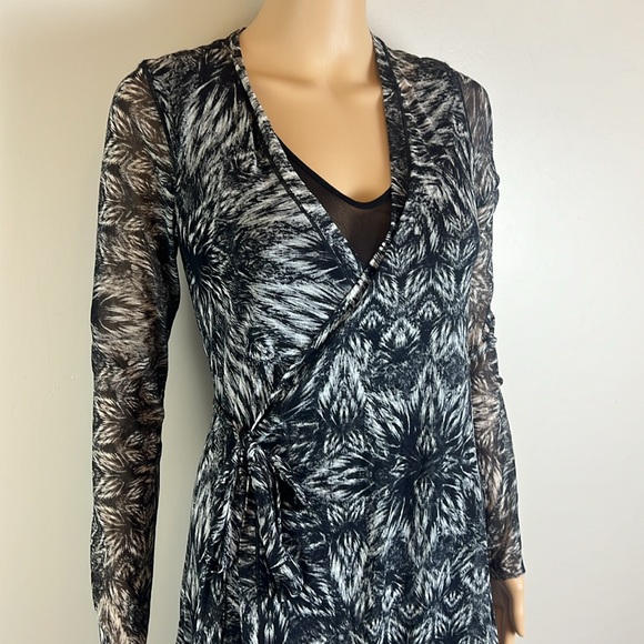 Fuzzi Sheer Mesh Black and White Abstract Print Whimsigoth Y2K Wrap Dress - Picture 6 of 11